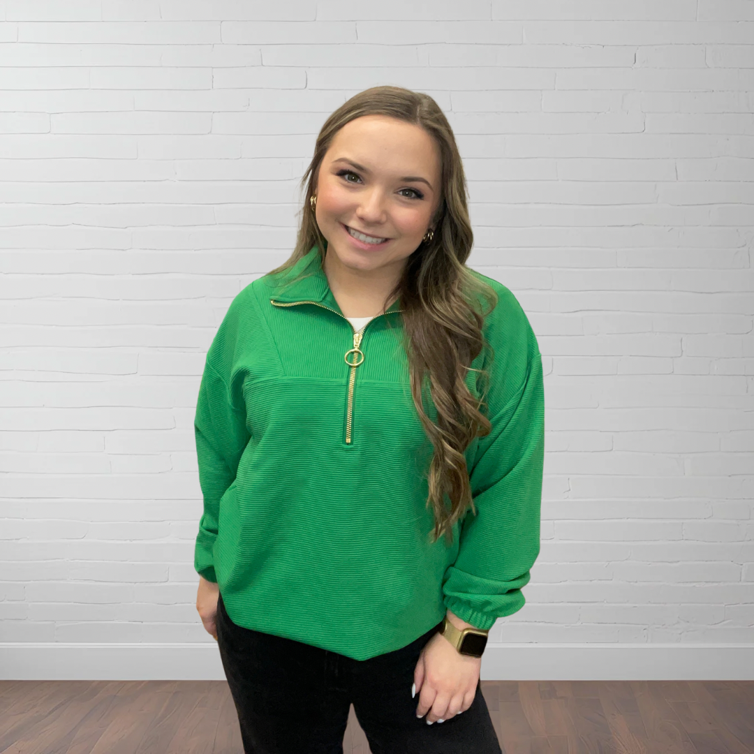 Levi Ribbed Quarter Zip Pullover ~ Emerald