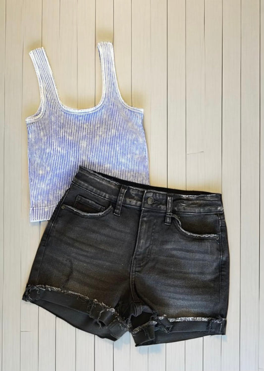 Washed Black Cuffed Denim Shorts