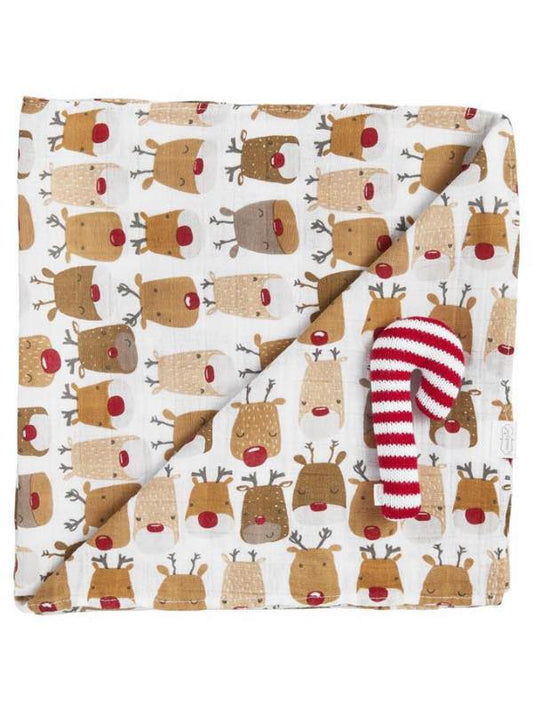 Reindeer Muslin Swaddle and Rattle Set