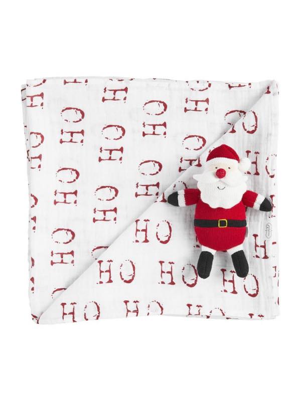 Santa Muslin Swaddle and Rattle Set