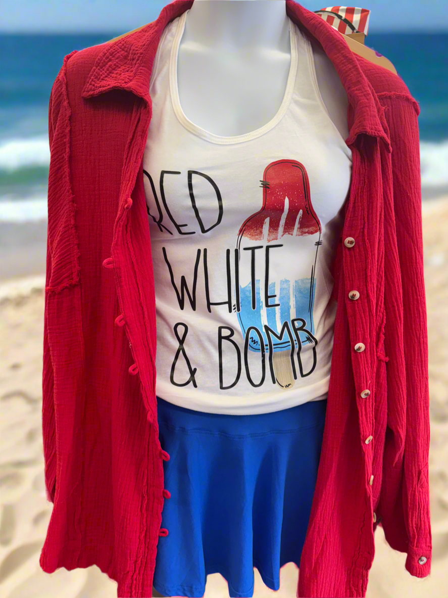 Cherry Red Raw Edge Button Down Top