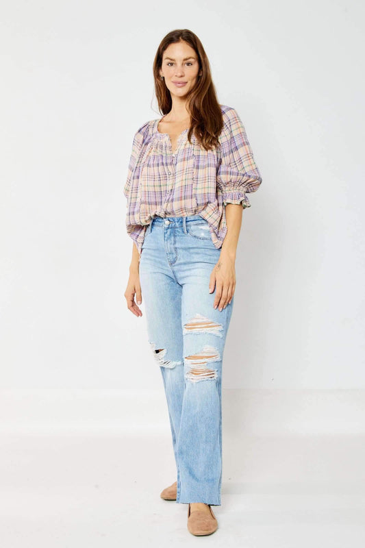 Judy Blue High Waist Rigid Magic Destroy 90's Rainbow Thread Denim