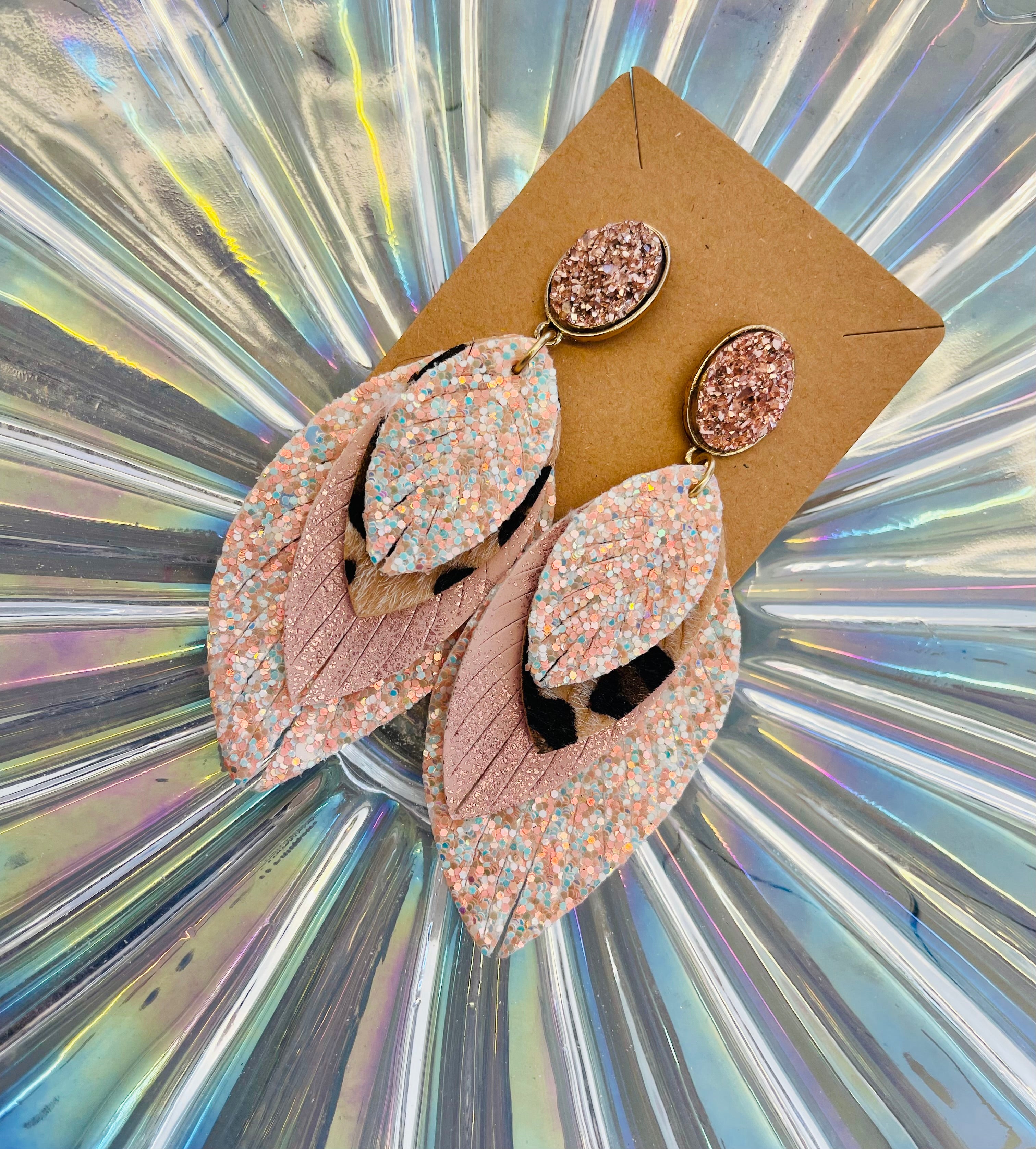 Druzy Pink Feather Earrings