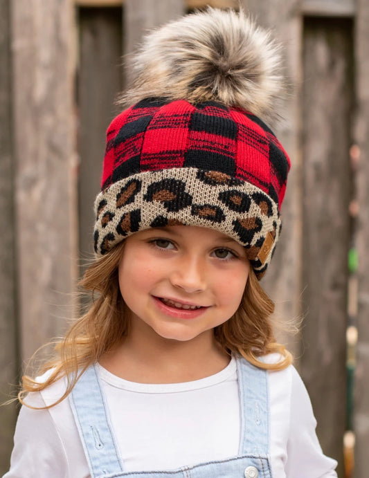 Kids Cheetah Plaid Pom Hat