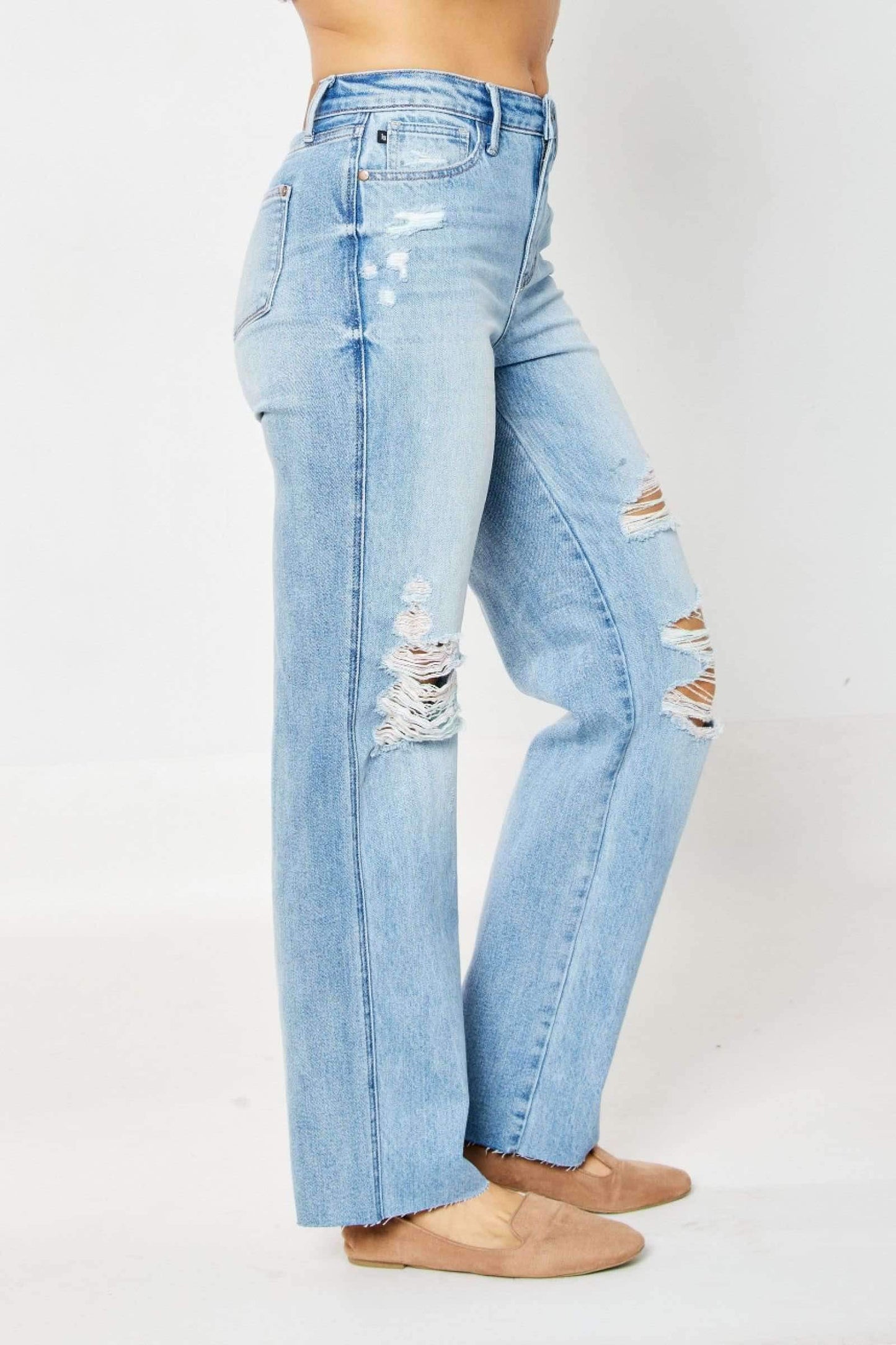 Judy Blue High Waist Rigid Magic Destroy 90's Rainbow Thread Denim