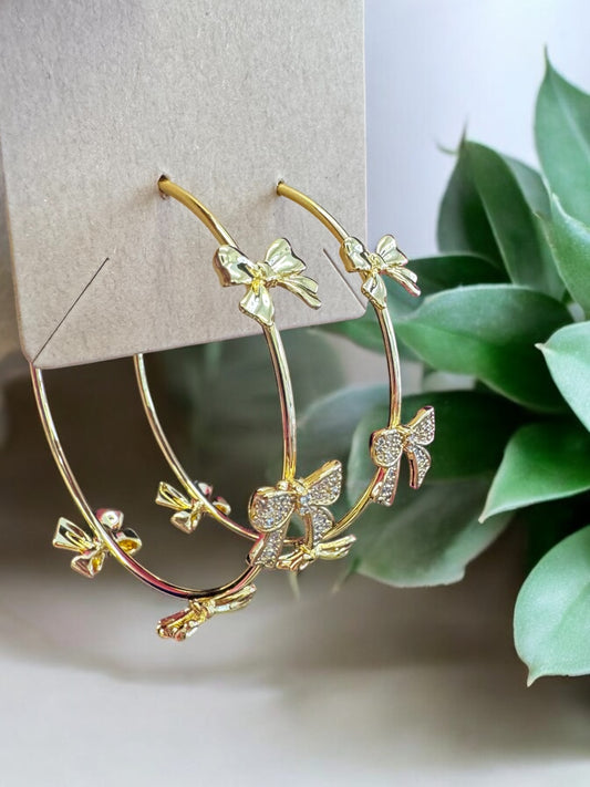 Gold Bow and Kisses Hoop Earrings