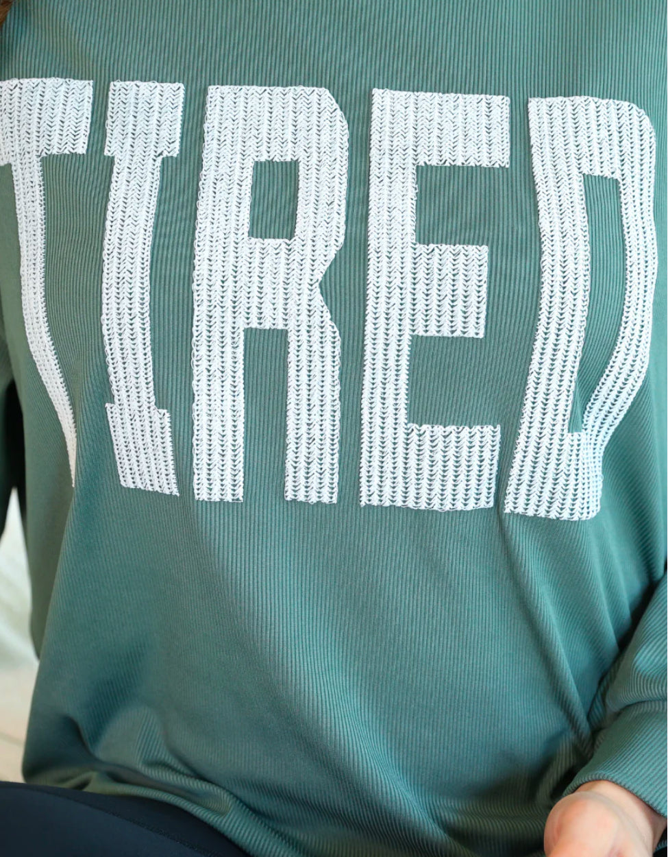 'Tired' Embroidered Ribbed Pullover