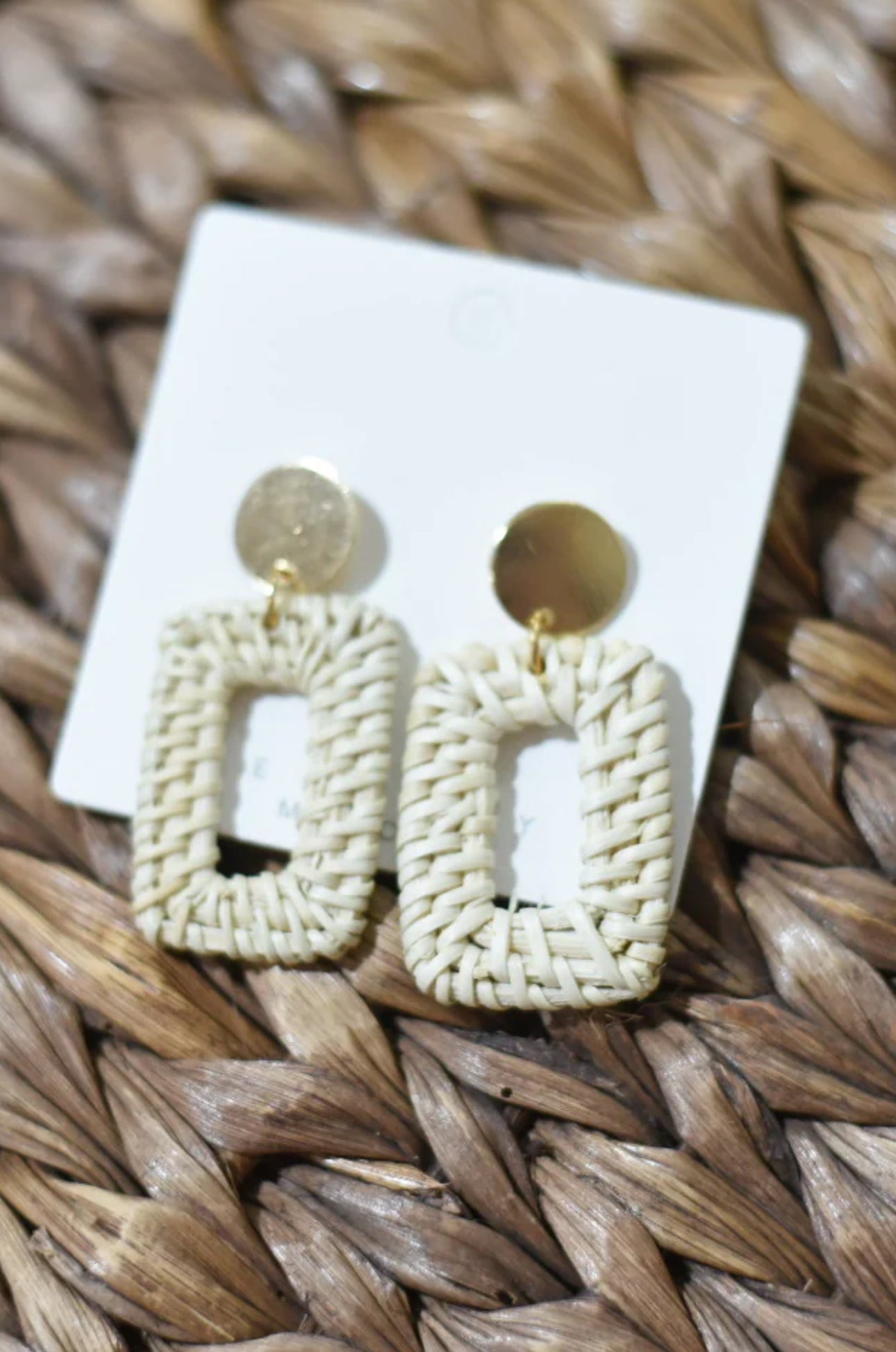 Ivory Rectangle Rattan Dangle Earrings