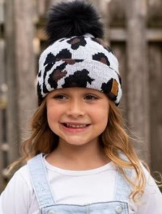 Kids Black & Brown Cheetah Pom Hat