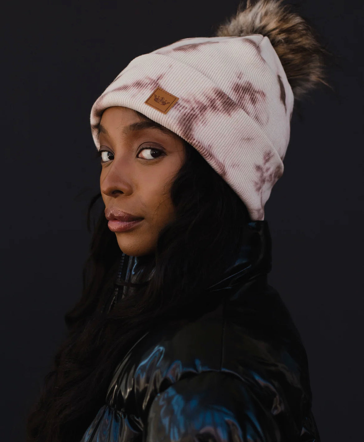 Pink & Tan Tie Dye Pom Hat