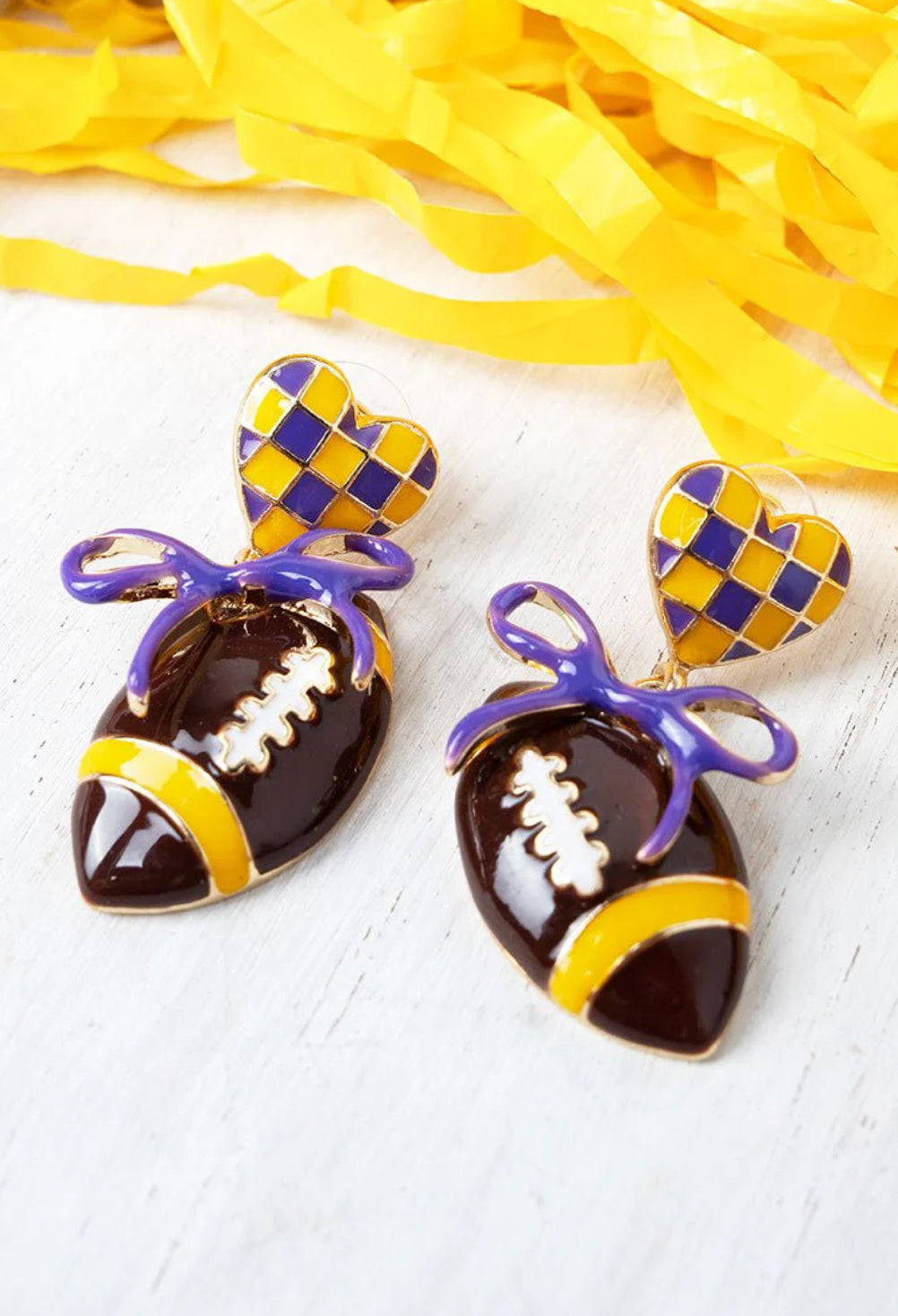 PURPLE & YELLOW GRIDIRON LOVE EARRINGS