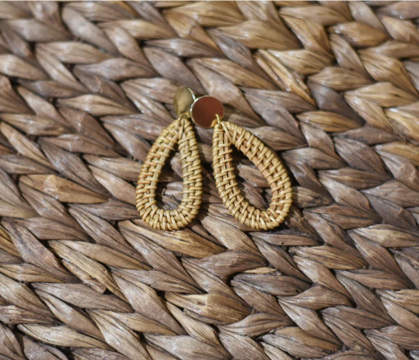 Tan Teardrop Rattan Dangle Earrings