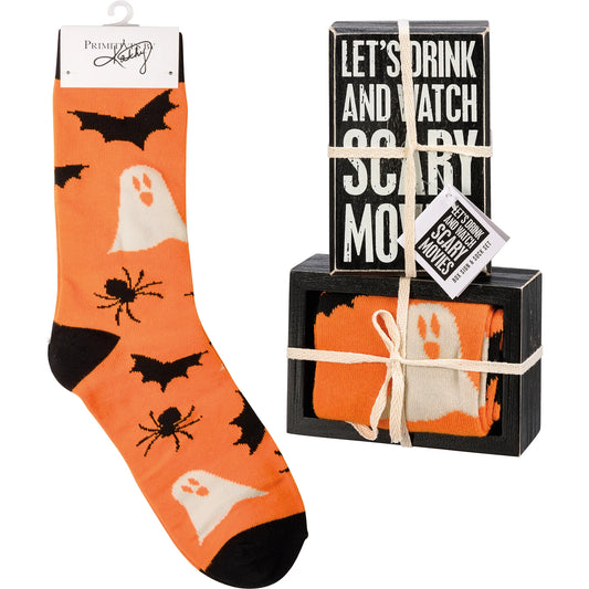 Drink And Watch Scary Movies Box Sign And Sock Set