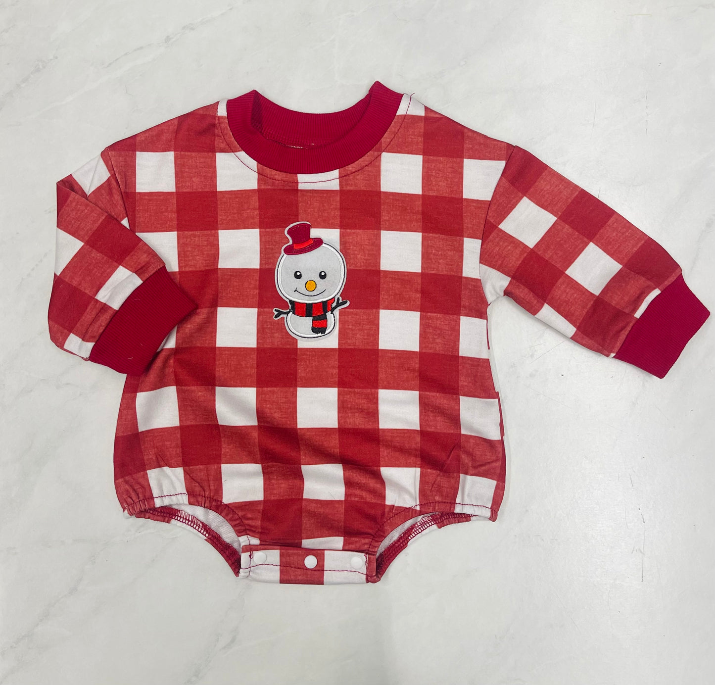 Gingham Snowman Patch Bubble Romper