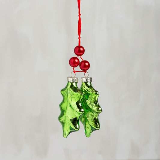 Glass Holly & Leaves Ornament