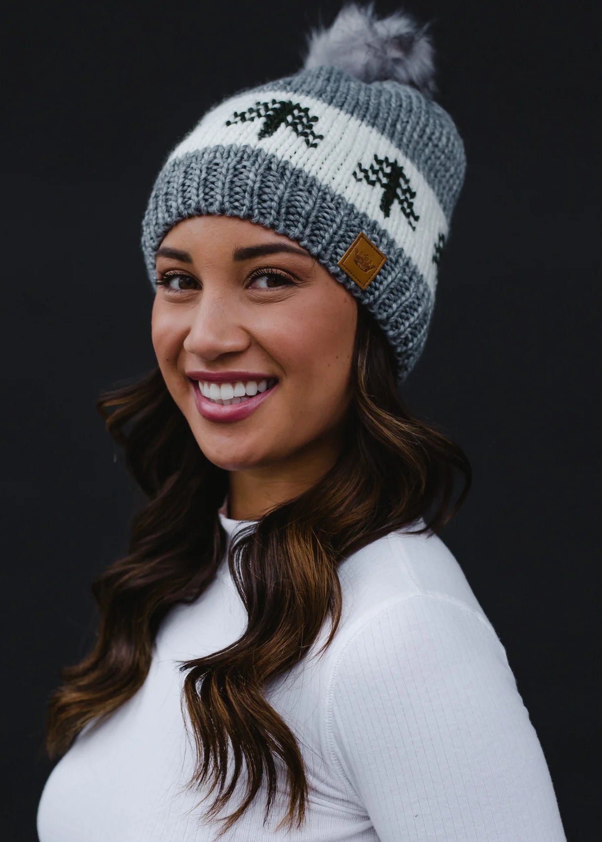 Grey Fleece Lined Pom Hat with Evergreens