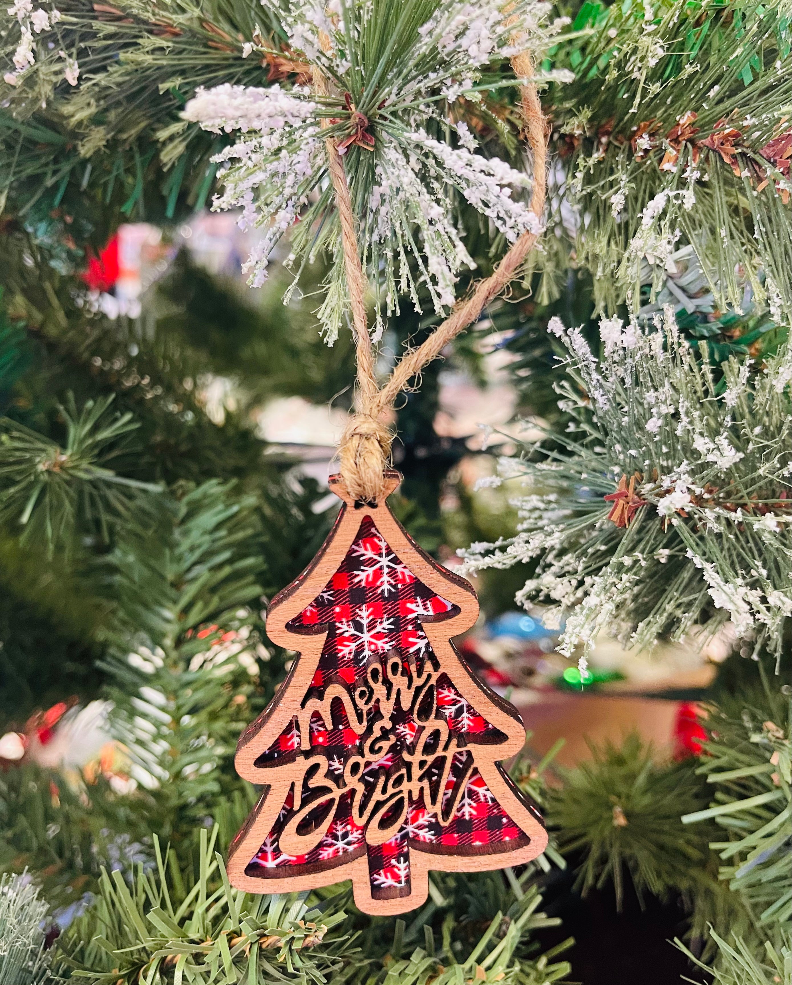Snowfall Buffalo Plaid Wooden Merry & Bright Tree Ornament