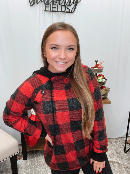 Buffalo Plaid Hooded Button Top