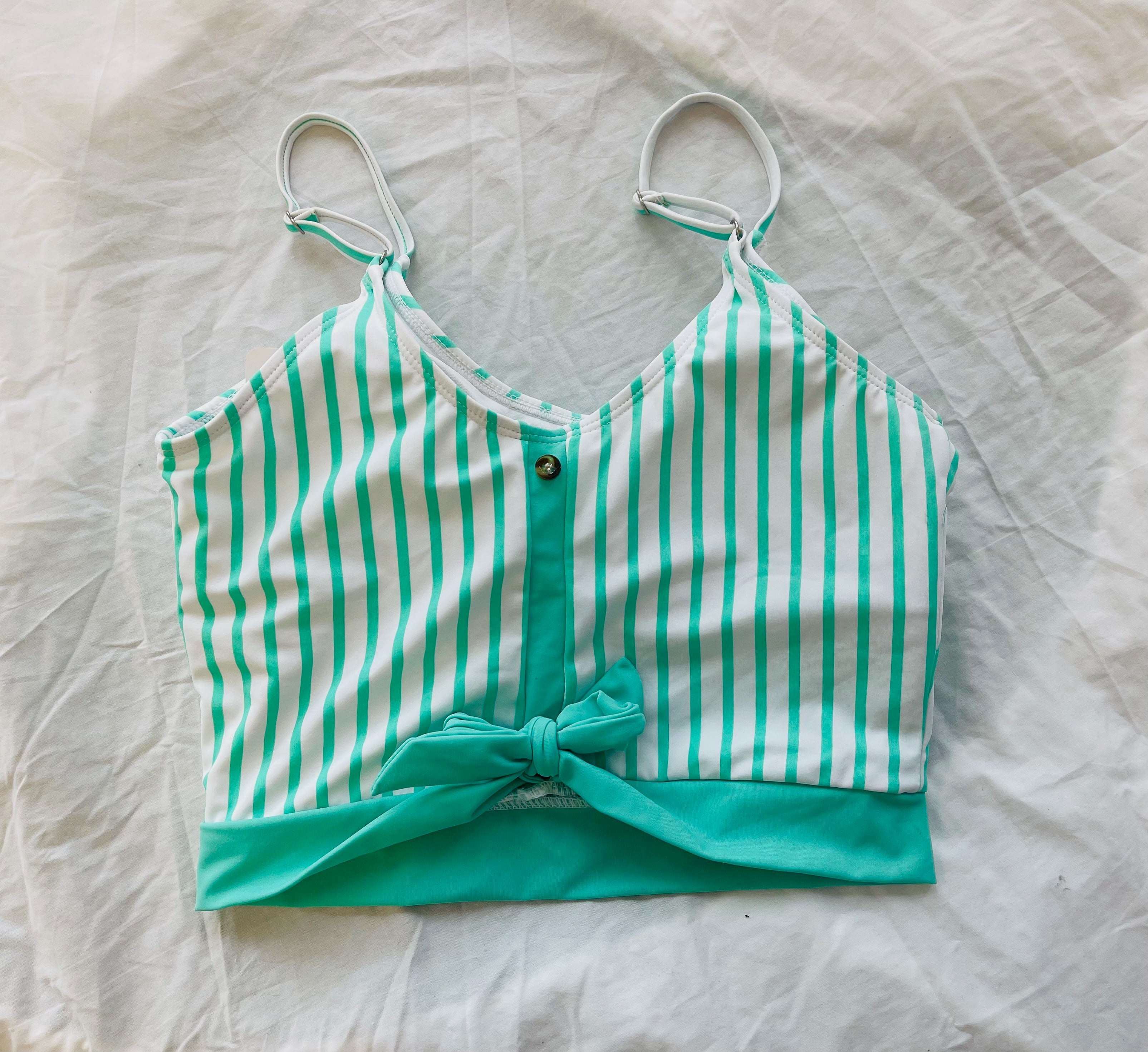 Seafoam Green Striped Button Back Swim Top