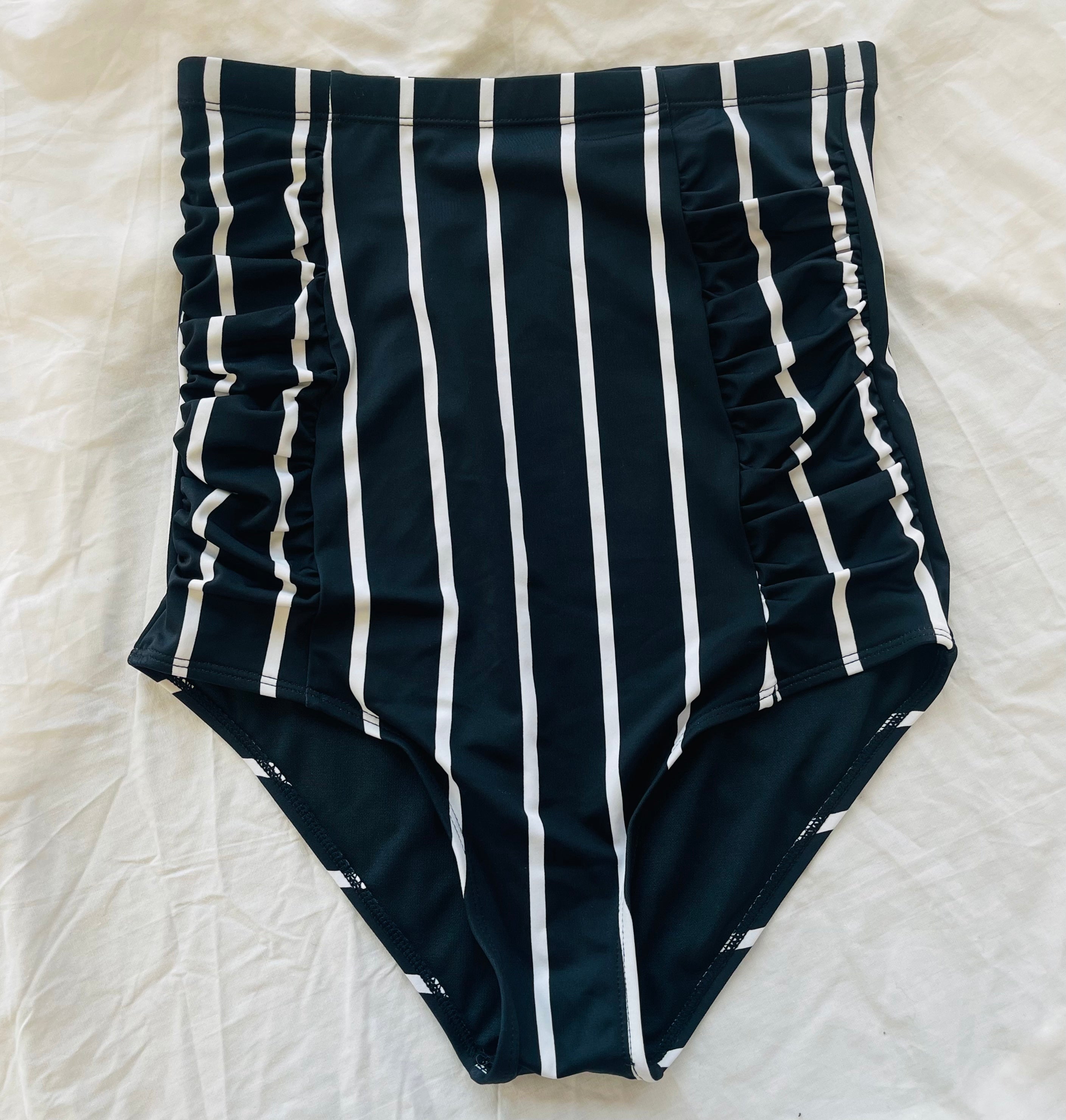 Black Striped High Waisted Rouched Swim Bottoms