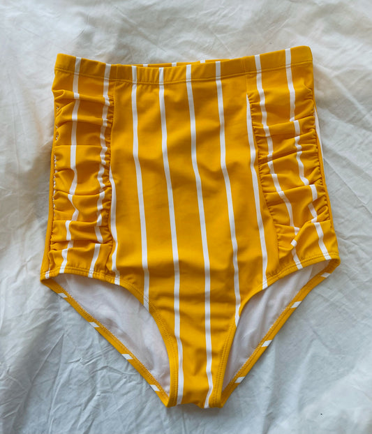Yellow Striped High Waisted Rouched Swim Bottoms