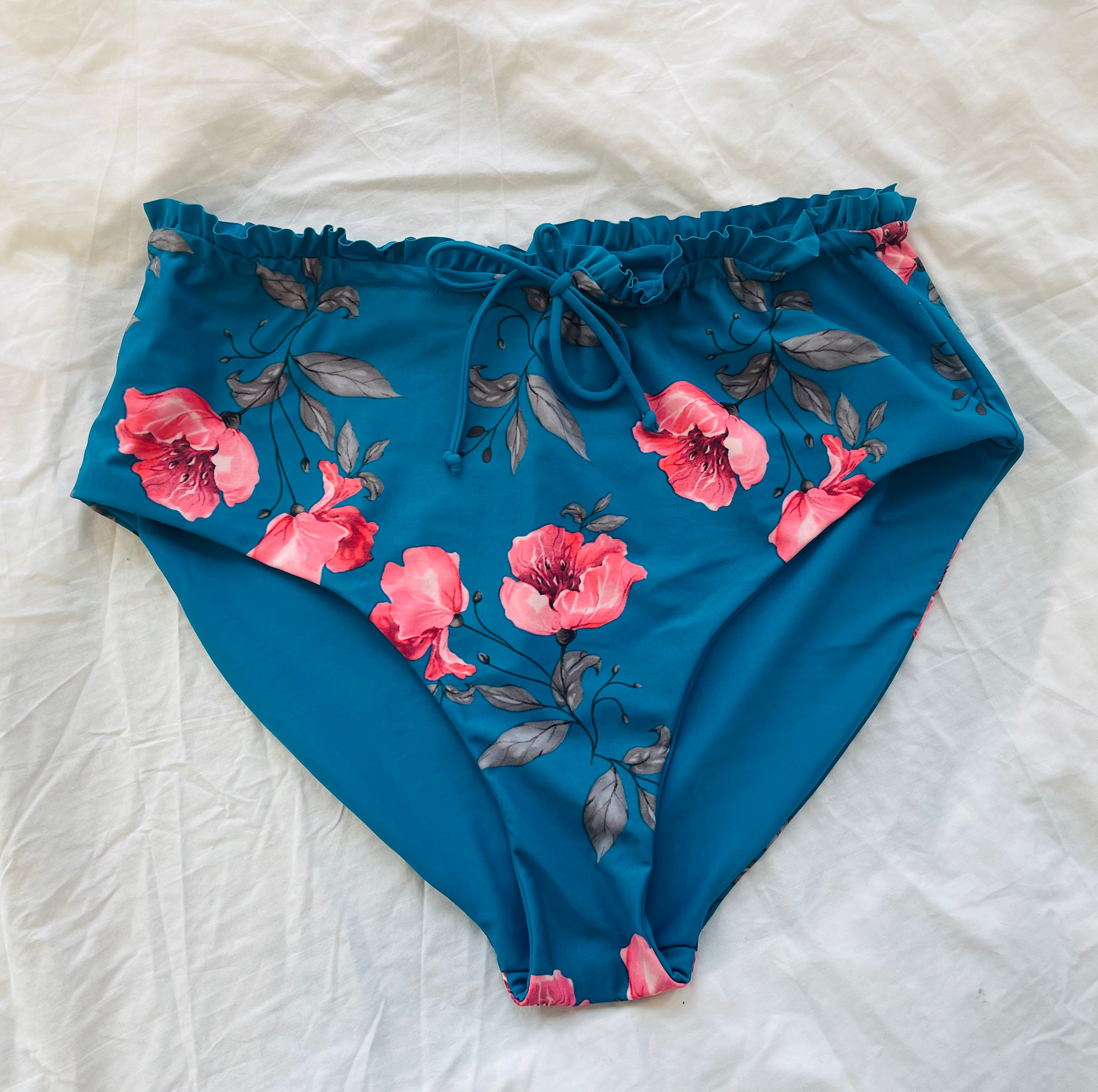Reversible High Waisted Blue Floral Swim Bottoms