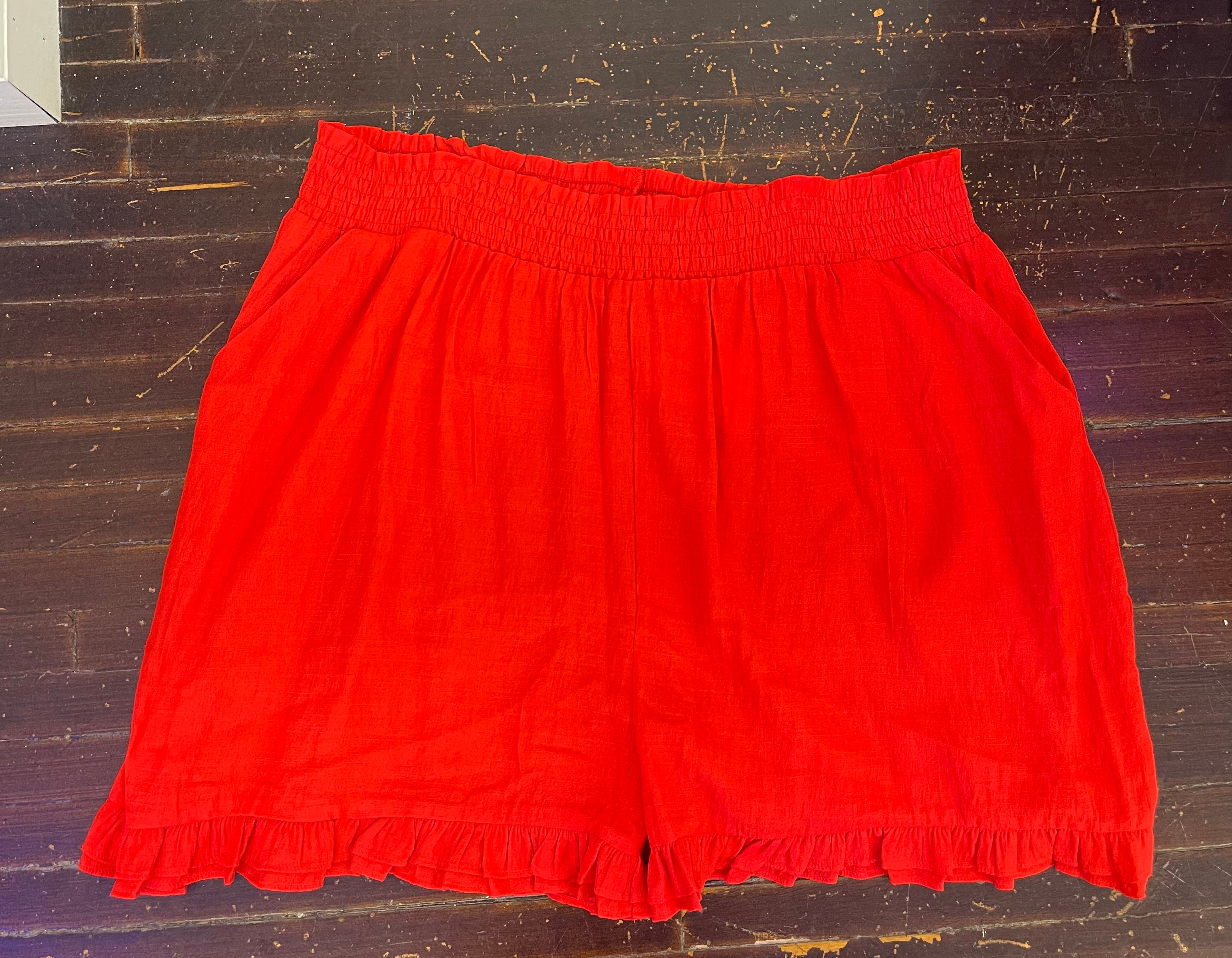 Red Ruffle Shorts with Pockets