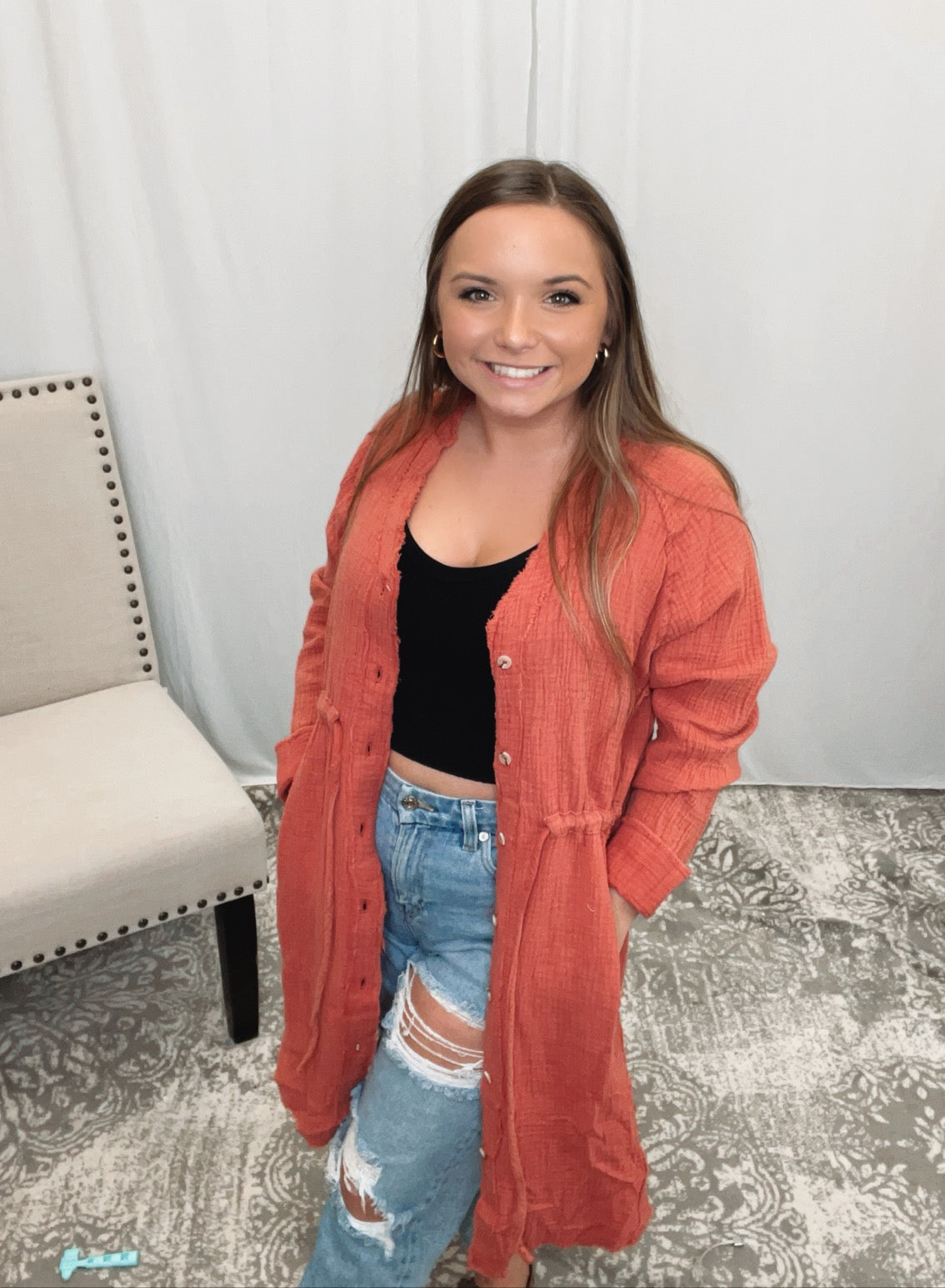 Frayed Hem Gauze Cinched Waist Button Up Jacket