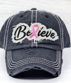 Believe Pink Ribbon  Distressed Baseball Hat