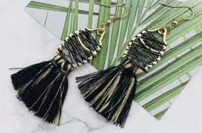 Fish Bone Woven Black Tassel Earrings