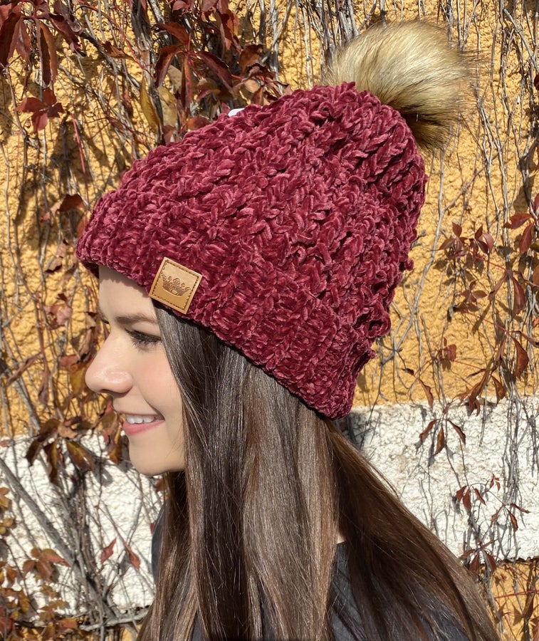 Dark Mauve Chunky Knit Pom Hat!
