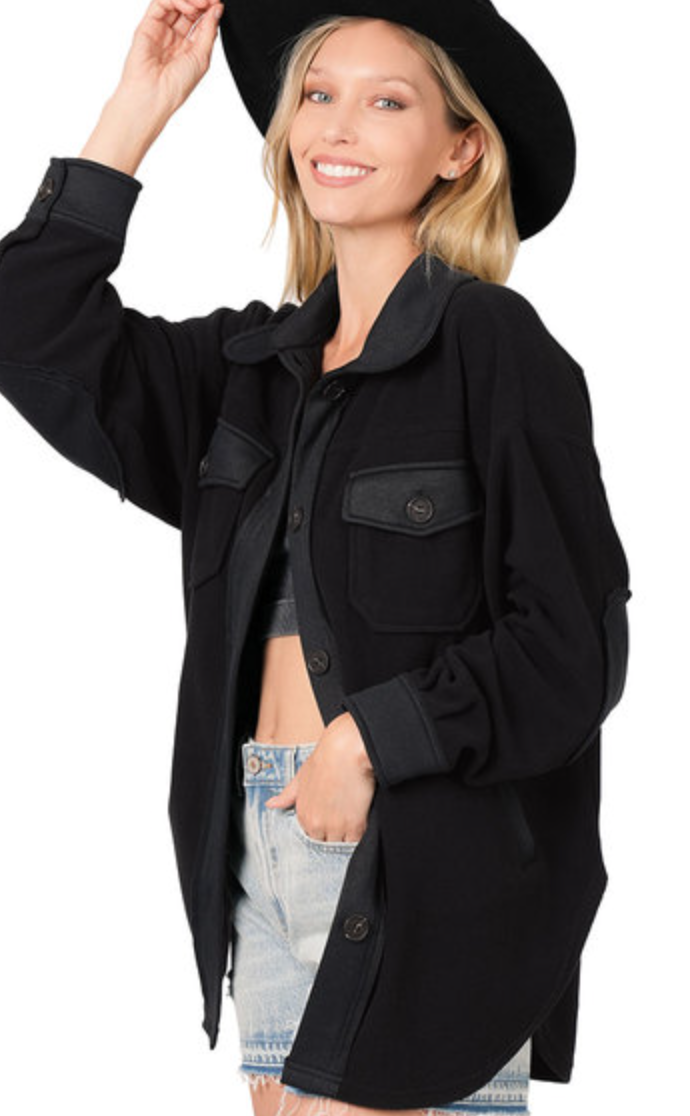 Oversized Basic Fleece Shacket in Black