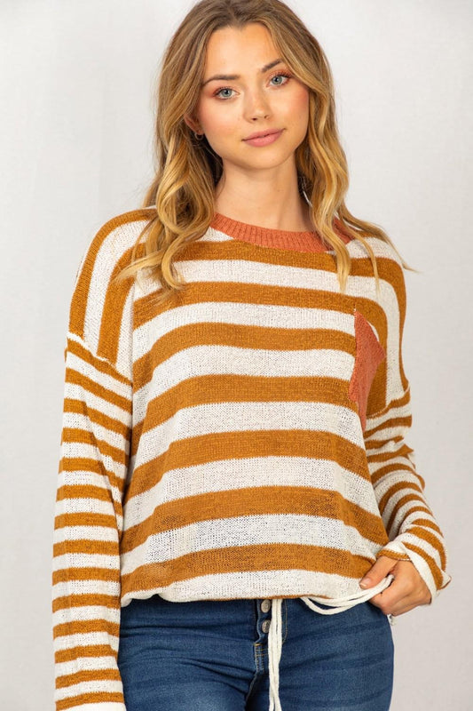 Striped Sweater Top With Contrast Pocket