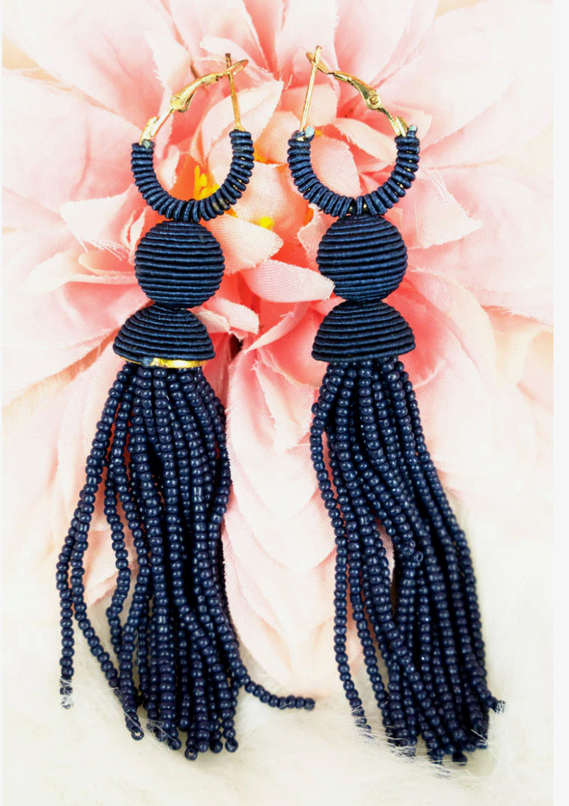 Navy Beaded Dangle Earrings