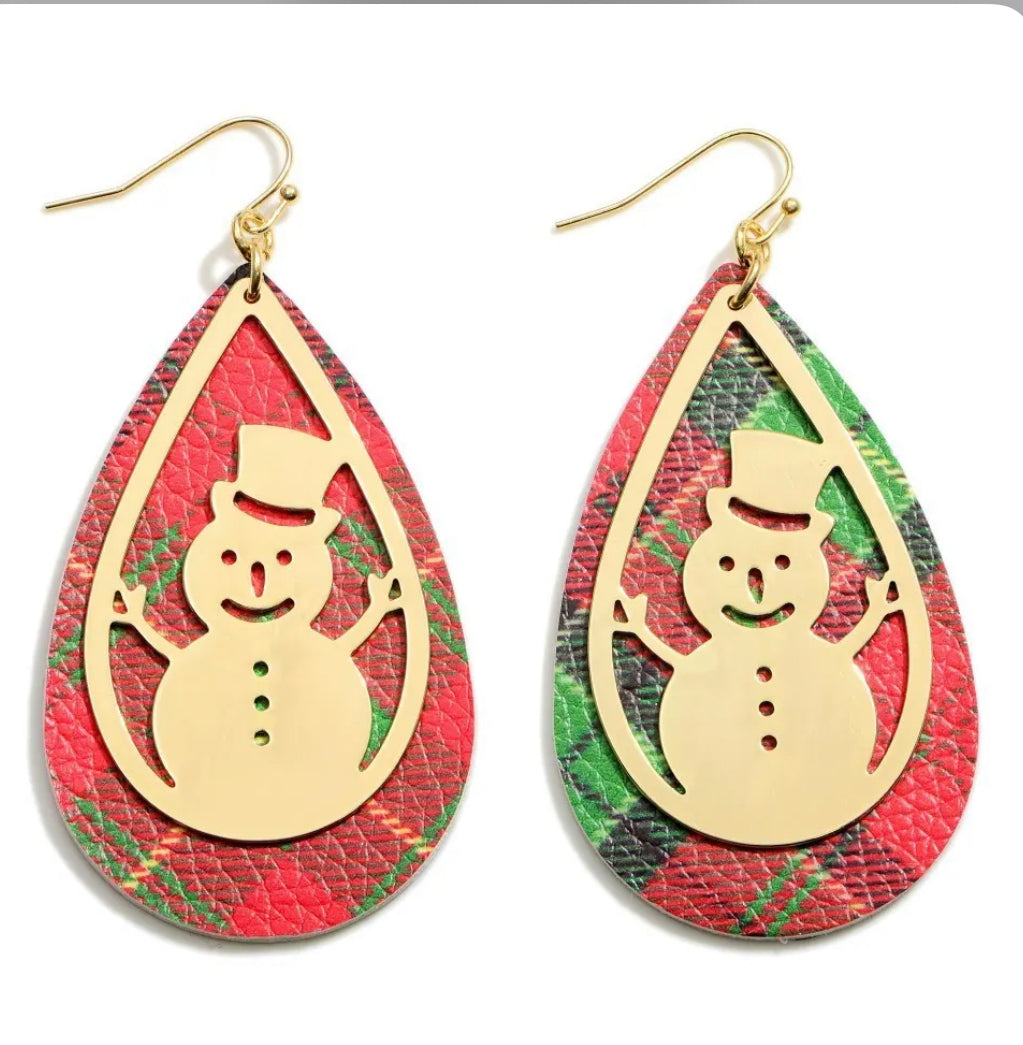 Plaid Gold Snowman Earrings